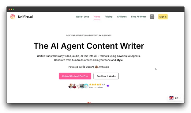 A screenshot of the Unifire.ai homepage, showcasing a Repurposing Software powered by AI agents that transforms video, audio, or text into over 30 different content formats.