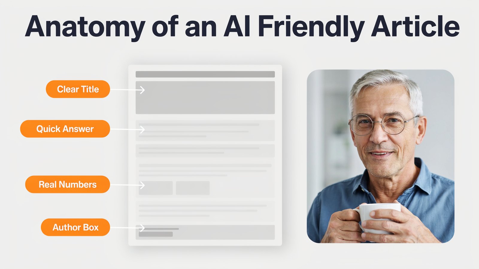 What an AI friendly article looks like, with a clear title, a quick answer, question headings, real data, lists and an author box