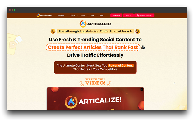 The homepage of Articalize, a breakthrough AI Research Paper Writer designed to create perfect articles that rank fast. This Smart AI Tools platform helps users drive traffic effortlessly by transforming fresh social content into high-quality Academic Writing. Al Research Paper Writer: Smart Al Tools: Research Paper Writer: Academic Writing