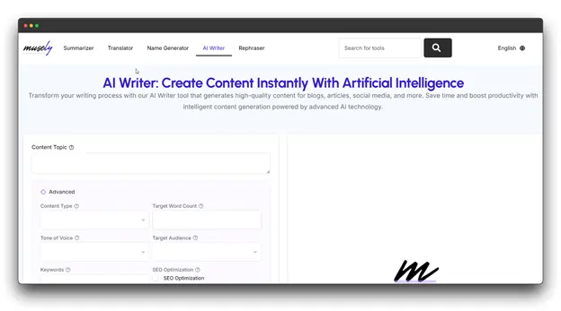 Screenshot of "Muskey AI Writer" website, an AI content generation tool that helps create high-quality content for blogs, articles, and social media, serving as an advanced Article Converter for text-based content with SEO optimization options.