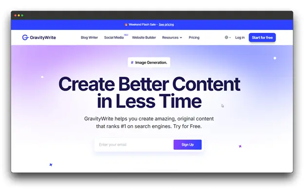 Screenshot of "GravityWrite" website, an AI writing platform that helps users create amazing, original content that ranks #1 on search engines, functioning as a general Article Converter and content generation tool.