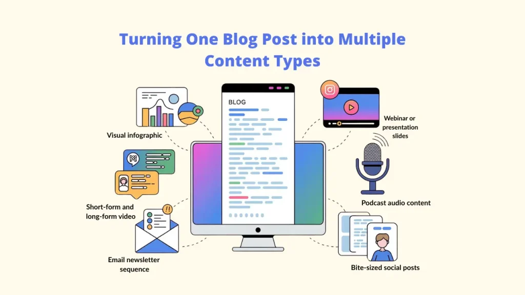 An infographic titled "Turning One Blog Post into Multiple Content Types" demonstrating the power of content repurposing. A central blog post is shown being transformed into various formats including visual infographics, webinar slides, podcast audio, bite-sized social posts, email newsletters, and short-form videos using Repurposing Software.