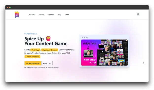 The ContentFries 2.1 homepage, featuring Content Repurposing Software capabilities to create viral clips and repurpose video content using context-driven AI.