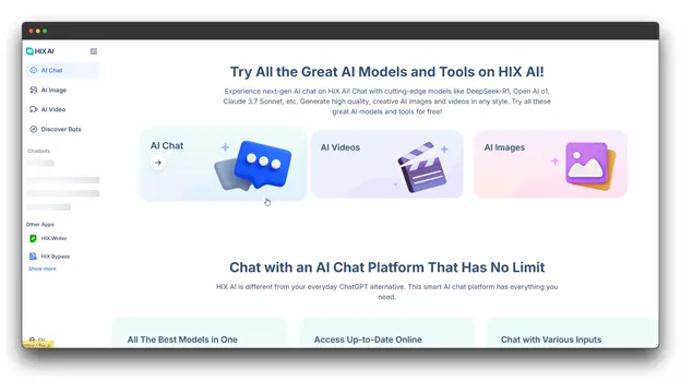 Screenshot of "HIX AI" website, featuring various AI models and tools, including AI Chat, AI Videos, and AI Images. While broad, its AI capabilities can support the content creation process often associated with an Article Converter.
