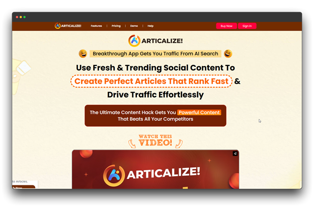 A screenshot of the Articalize homepage, a Content Repurposing Software that uses fresh and trending social content to create articles that rank fast and drive traffic.