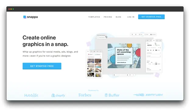 A screenshot of the Snappa homepage, an online graphic design tool and Content Repurposing Software used to quickly whip up graphics for social media, ads, and blogs.