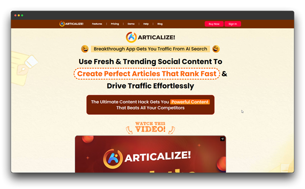 Articalize! tool homepage highlighting its ability to create articles that rank fast by utilizing high-quality AI content and integrated AI humanizer tools.