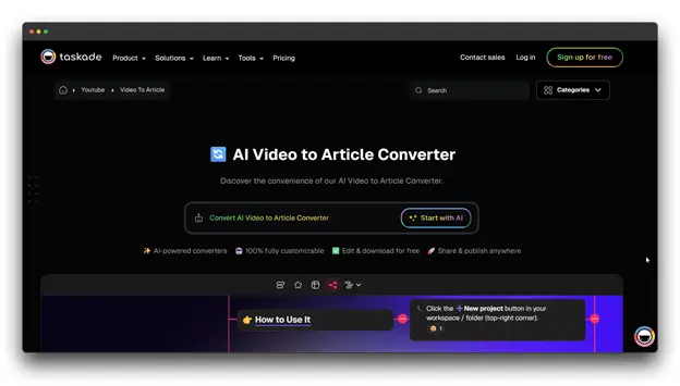 Screenshot of "Taskade" website, showcasing its "AI Video to Article Converter" feature. The dark interface highlights the ease of converting video content into articles, functioning as a powerful YouTube-to-Article Converter.