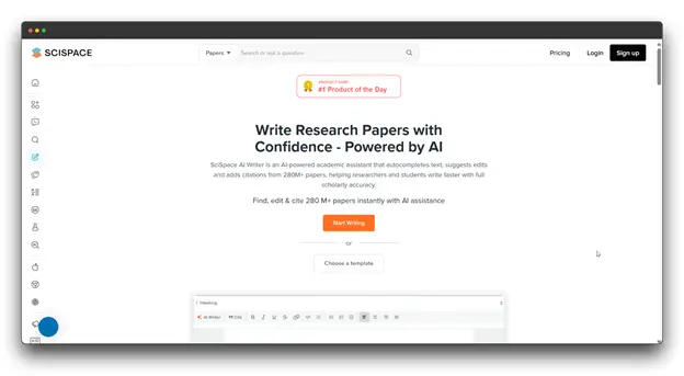 SciSpace landing page featuring its AI Research Paper Writer tool. It highlights how these Smart AI Tools can autocomplete text and add citations from a database of 280M+ papers to ensure scholarly accuracy in Academic Writing. Al Research Paper Writer: Smart Al Tools: Research Paper Writer: Academic Writing