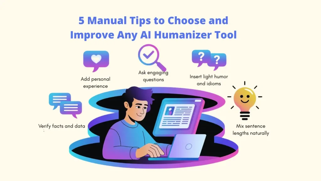 A guide illustrating 5 manual tips to choose and improve any AI humanizer tools, including adding personal experience and mixing sentence lengths to refine AI content.