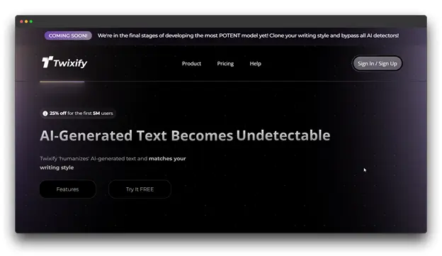 Twixify landing page showcasing their platform where AI-generated text becomes undetectable, positioning it among top AI humanizer tools.