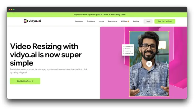 The vidyo.ai homepage highlighting its video resizing features for easy content repurposing across portrait, landscape, and square sizes with a single click.