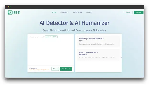Screenshot of the GptHuman tool, an AI humanizer tool designed to bypass AI detection by transforming standard AI content into human-like text.