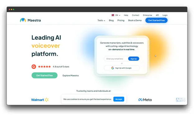 Screenshot of "Maestra" website, a leading AI voiceover platform capable of generating transcripts, subtitles, and voiceovers. While not directly an Article Converter, its transcription feature is a crucial first step for converting audio/video to text for an Article Converter.