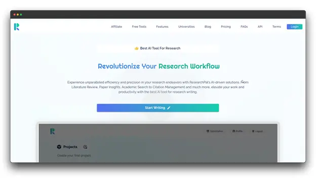 ResearchPal website showcasing a "Revolutionize Your Research Workflow" banner. As a comprehensive Research Paper Writer, it offers Smart AI Tools for literature reviews and citation management to elevate the quality of Academic Writing. Al Research Paper Writer: Smart Al Tools: Research Paper Writer: Academic Writing