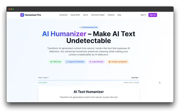 Landing page for Humanizer Pro, showcasing how to use AI humanizer tools to transform AI content into natural, human-like, and undetectable text.