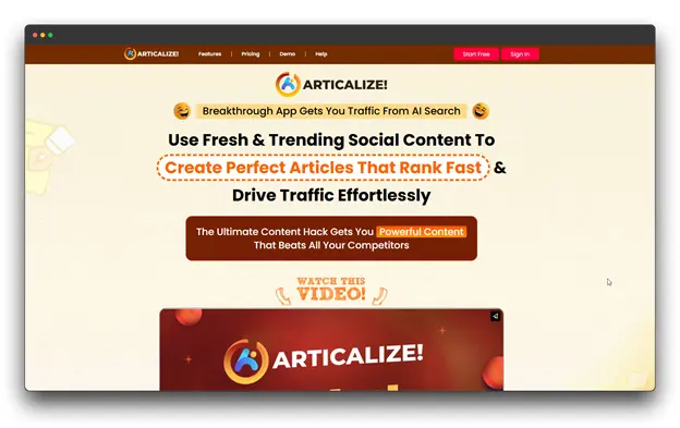 Screenshot of "ARTICALIZE!" website, promoting itself as a breakthrough app that uses social content to "Create Perfect Articles That Rank Fast & Drive Traffic Effortlessly," emphasizing its function as an Article Converter and content generation tool.