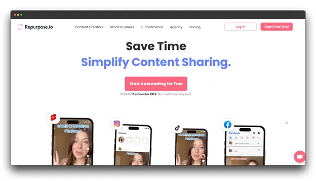 The homepage of Repurpose.io, a tool for content repurposing that helps creators save time by simplifying and automating content sharing across multiple social platforms.