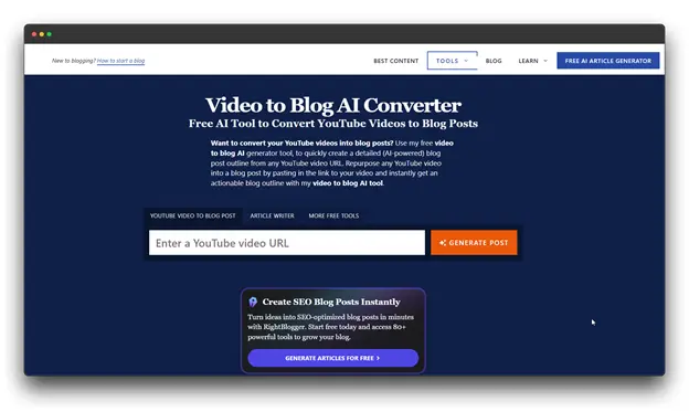 Screenshot of "Video to Blog AI Converter" website, a free AI tool designed to convert YouTube videos into blog posts, functioning as a YouTube-to-Article Converter. Users can paste a YouTube video URL to generate a blog post outline, emphasizing its role as an Article Converter.