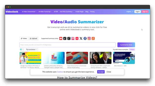 Screenshot of "VideoSeek" website, an AI Video/Audio Summarizer that can generate transcripts and summarize videos, effectively acting as an Article Converter for video content, supporting various platforms including YouTube.