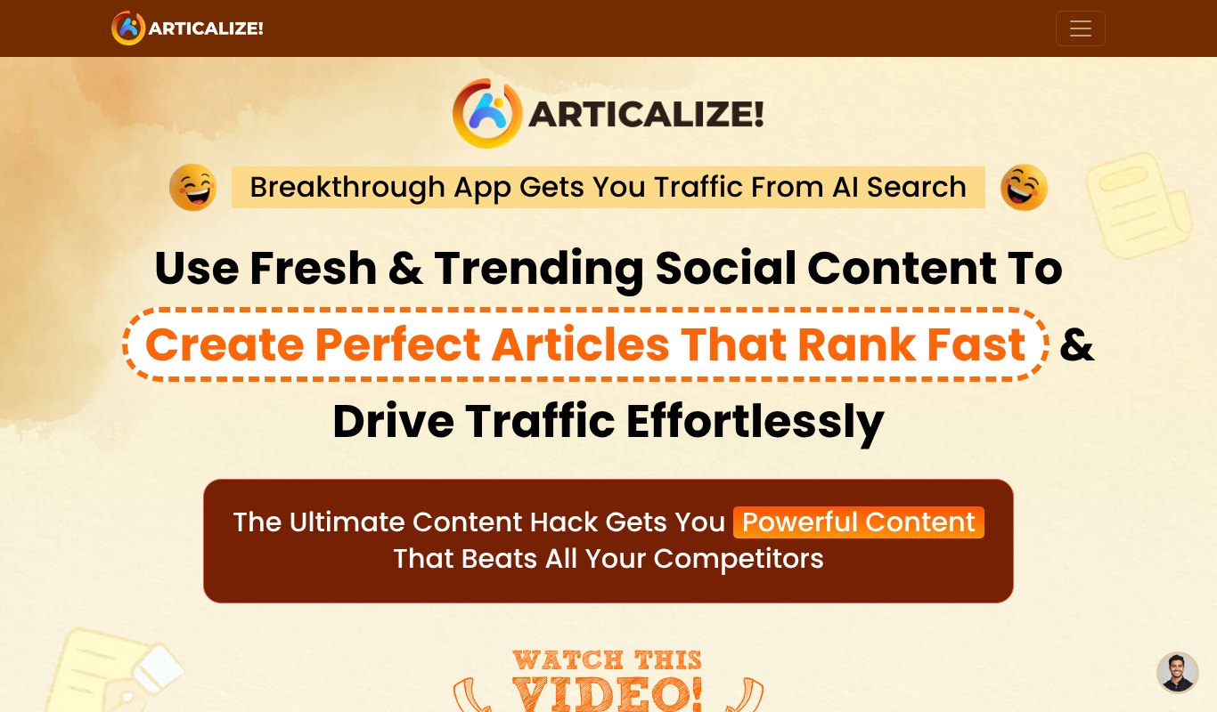 Articalize homepage, an app that creates articles from social content to rank in AI search