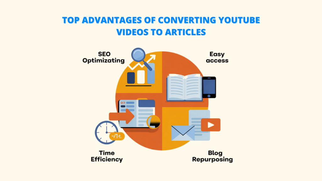 Diagram illustrating the benefits of a YouTube-to-Article Converter: SEO optimizing, easy access, time efficiency, and blog repurposing, showcasing the effectiveness of an Article Converter.