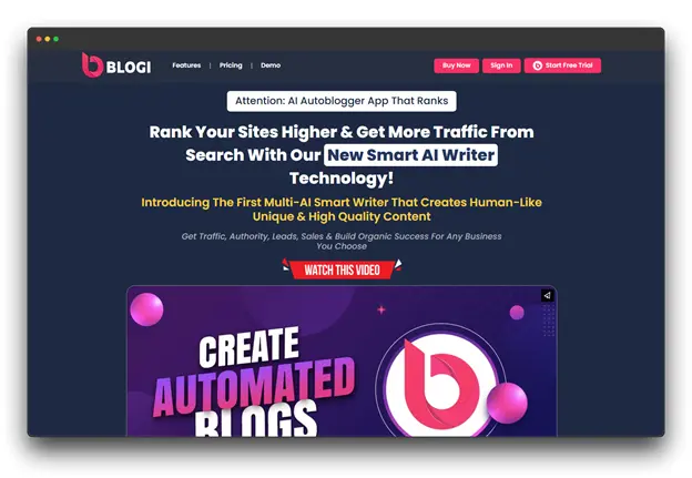 A screenshot of the Blogi homepage, an AI-powered Repurposing Software and smart writer technology designed to create automated blogs that rank higher in search results.